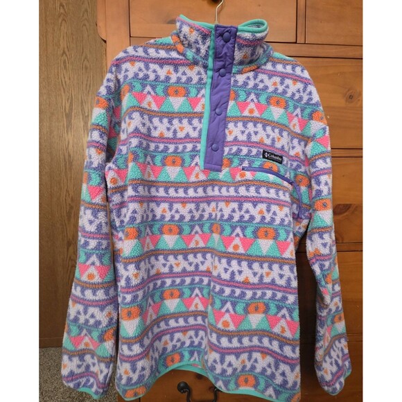 Columbia Helvetia Fleece Pullover Jacket Size Medium Quarter Snap Pastel Print - Picture 1 of 9
